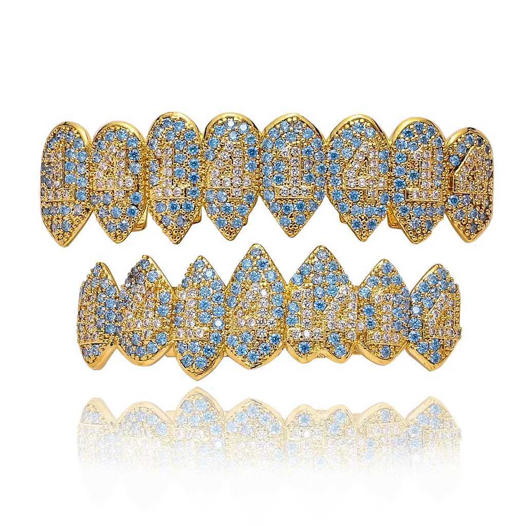 Hip Hop Blue Stones Iced Out CZ Teeth Grillz Caps Cubic Zircon Iced Out Micro Pave Top Bottom Charm Grills For Men Women JewelryXJ250114