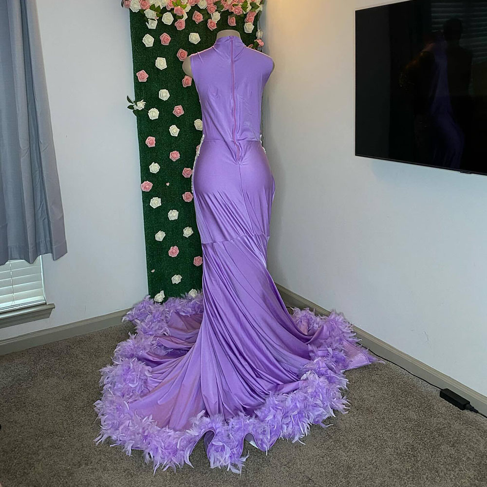 Prom Dresses 2025 For Black Girl Sheer O-Neck Sparkly Dia Feather Mermaid Party Formal Evening Gowns 0227Lz