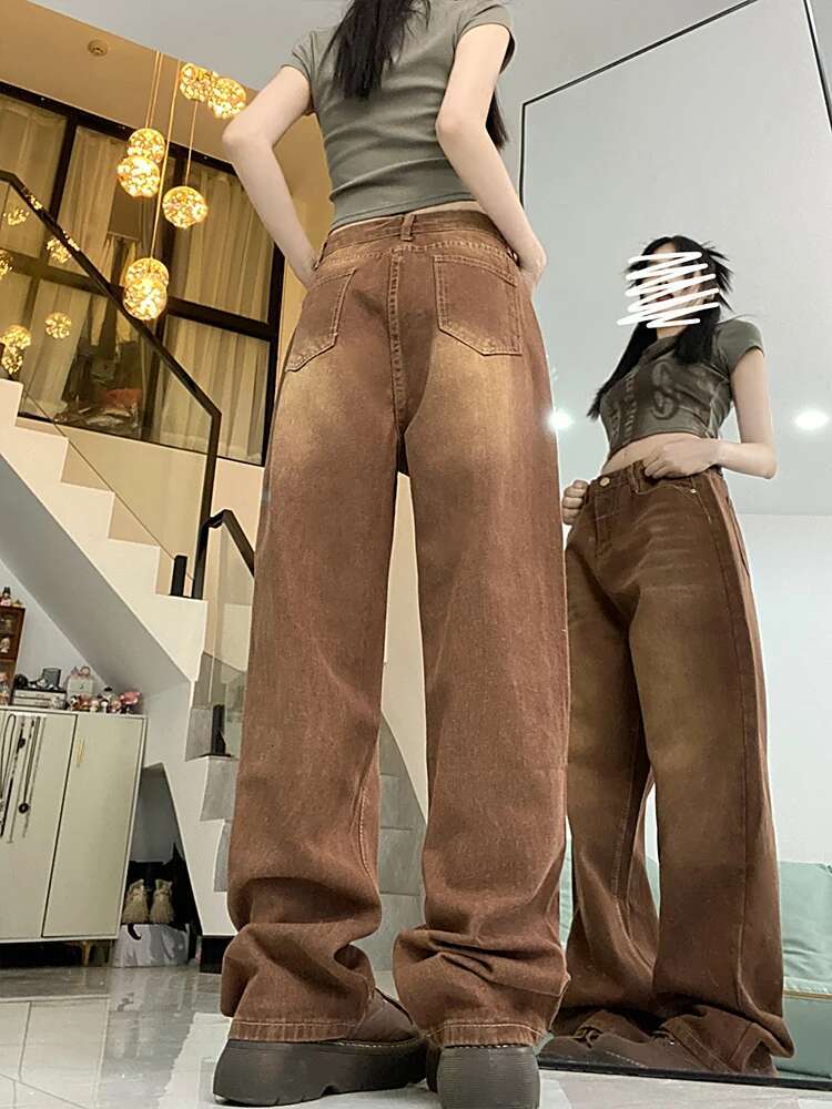 Women Brown Jeans 90S Aesthetic Y2k Vintage Baggy Denim Trouser Fashion Haruku High Waist Wide Cowboy Pants 2000S Clothes 2023