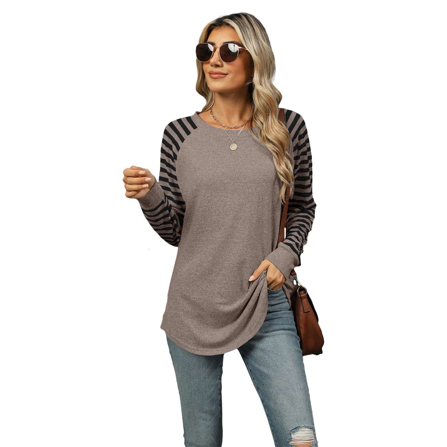 New Color Blocking Striped Designer T-shirt Round Neck Long Sleeved Women's T-shirt Top