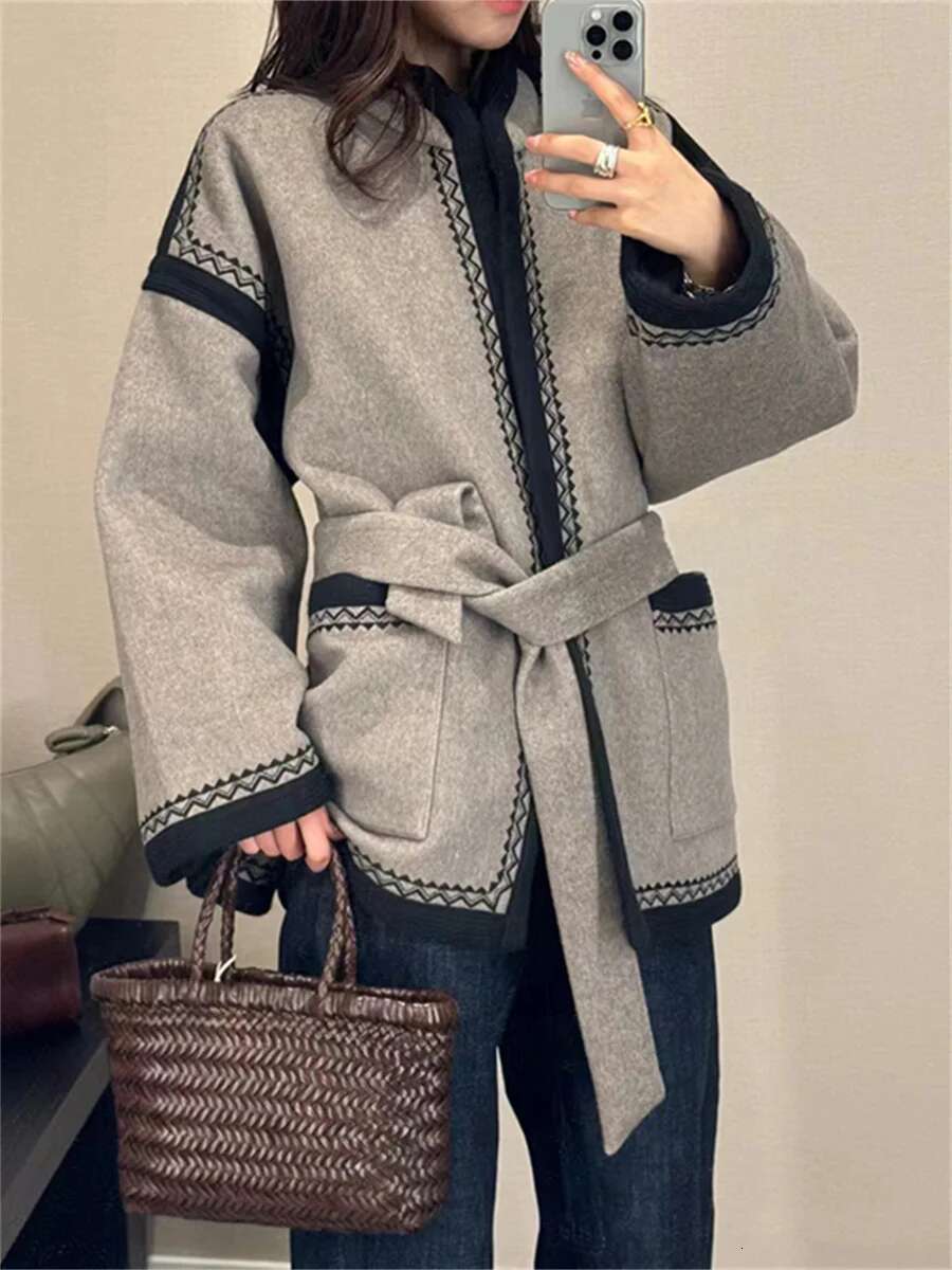 Embroidery Women Lace-Up Coat Contrast Color Wool Blends Loose Female Jacket With Pockets 2024 Autumn Winter