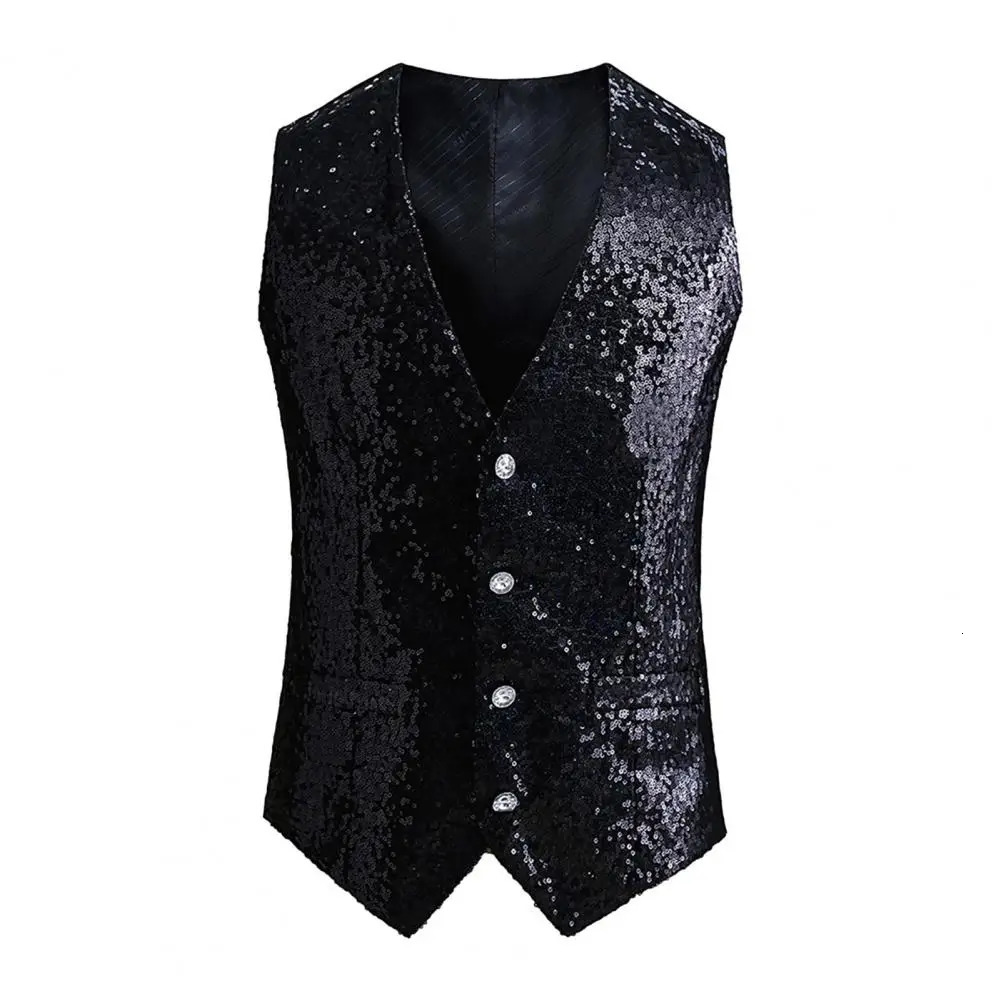 Men Vest Shiny Sequin Sleeveless Slim Fit Cardiagn Singlebreasted V Neck Formal Waistcoat Sequins Decor Suit 250114