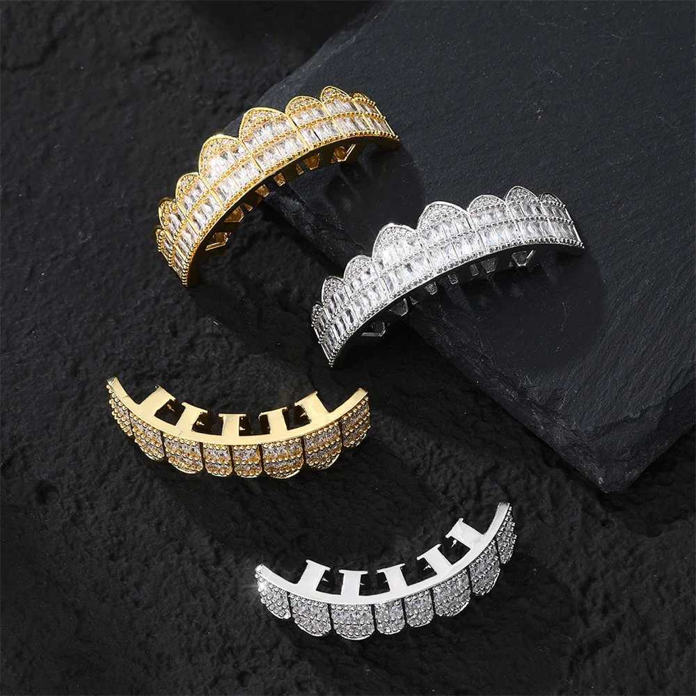 Hip Hop Baguette CZ Stones Teeth Grillz For Men Women Gold Plated Fashion Rapper Jewelry Punk Dentist Decor Teeth Jewelry XJ250114