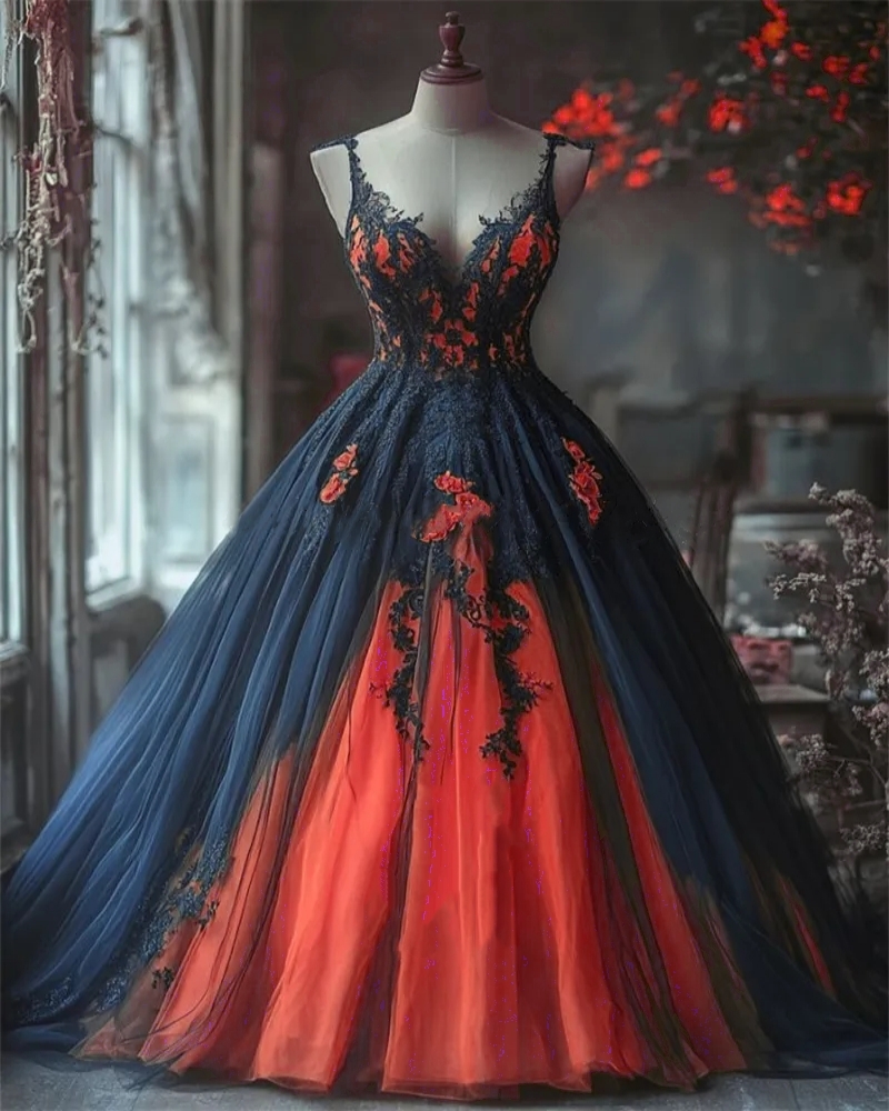 Spaghetti Straps Long Purple And Black Prom Dresses With Handmade Flowers Lace Appliques Court Train Lace-up Vintage Gothic Special Occasion Gown Even