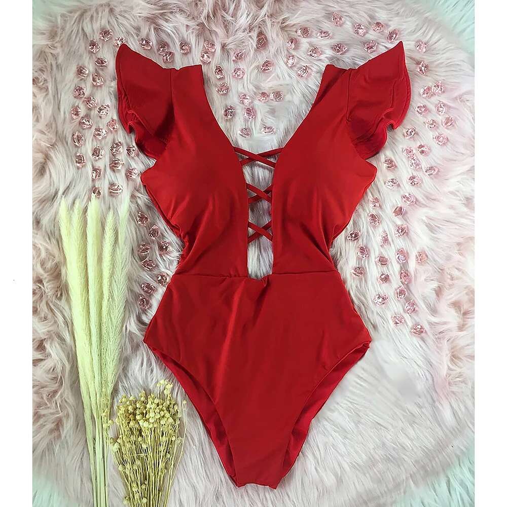 2025 New Ruffle One Piece Swimsuit Solid Red Black Swimwear Women Deep-V Bathing Bodysuit Beach Wear Swim Suit Monokini