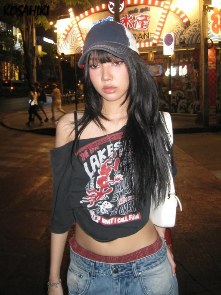 Gothic Tee Y2k Letter Print Off Shoulder Punk T-shirts Women Harajuku Summer Streetwear Grunge T Shirt Aesthetic Sexy Crop Tops 250109