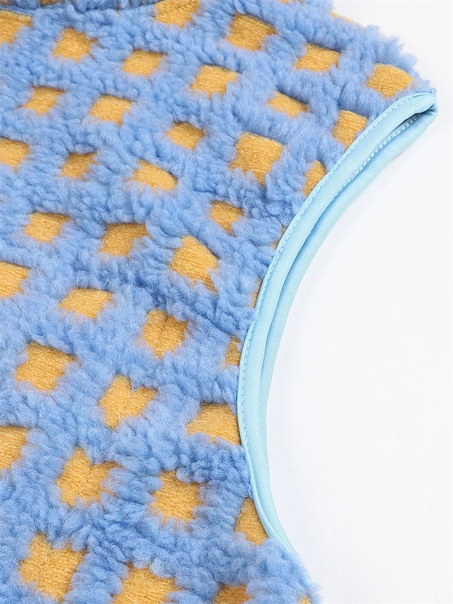 Womens Fuzzy Checkered Vest Sleeveless Stand Collar Zip Up Vest Jacket Winter Warm Outwear 250113