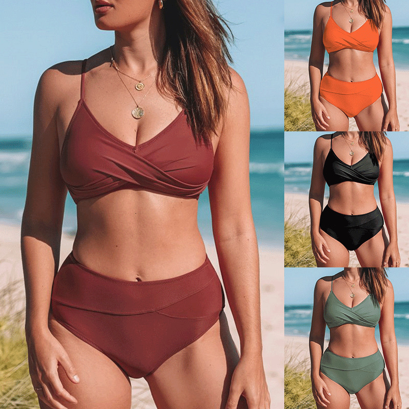 Hot selling plain color swimsuit, sexy cross soft bag, split body women's bikini swimsuit