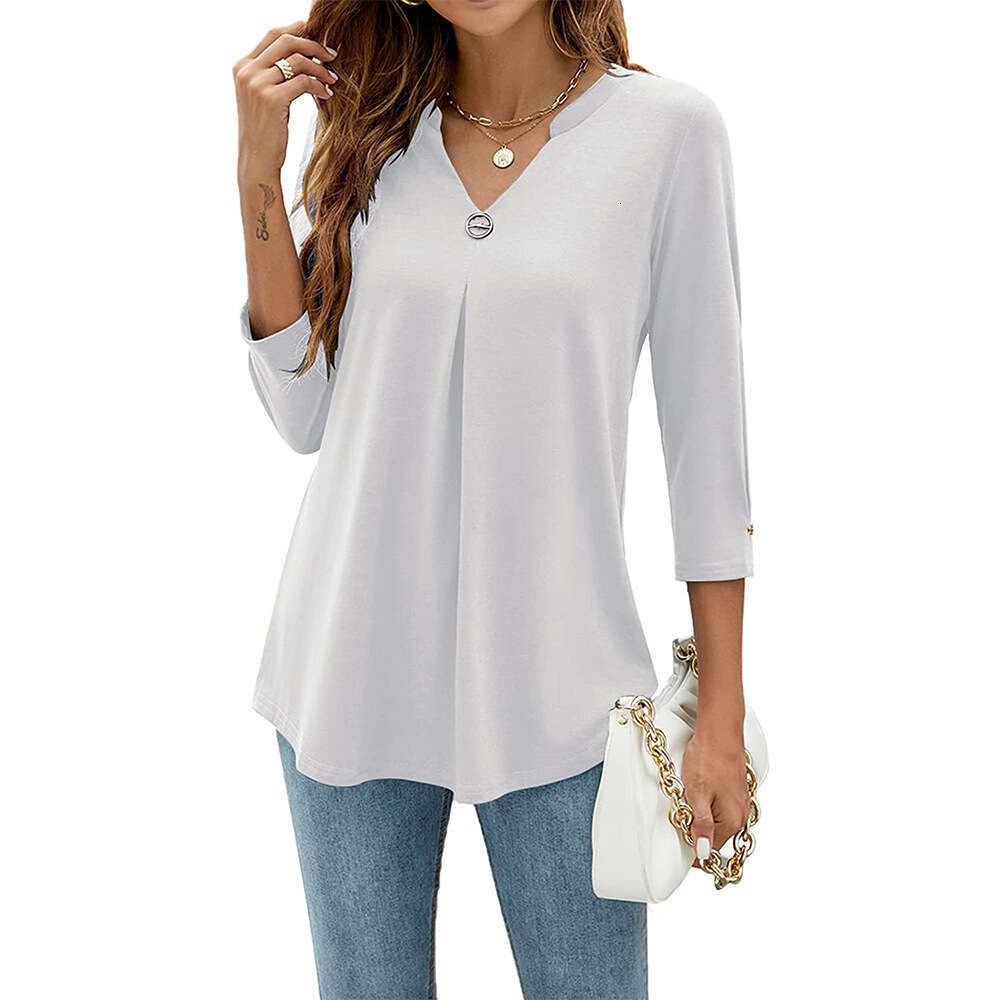 2025 autumn winter popular 3/4 sleeve V-neck nail buckle pleated T-shirt top, women's new style, chic and elegant clothing