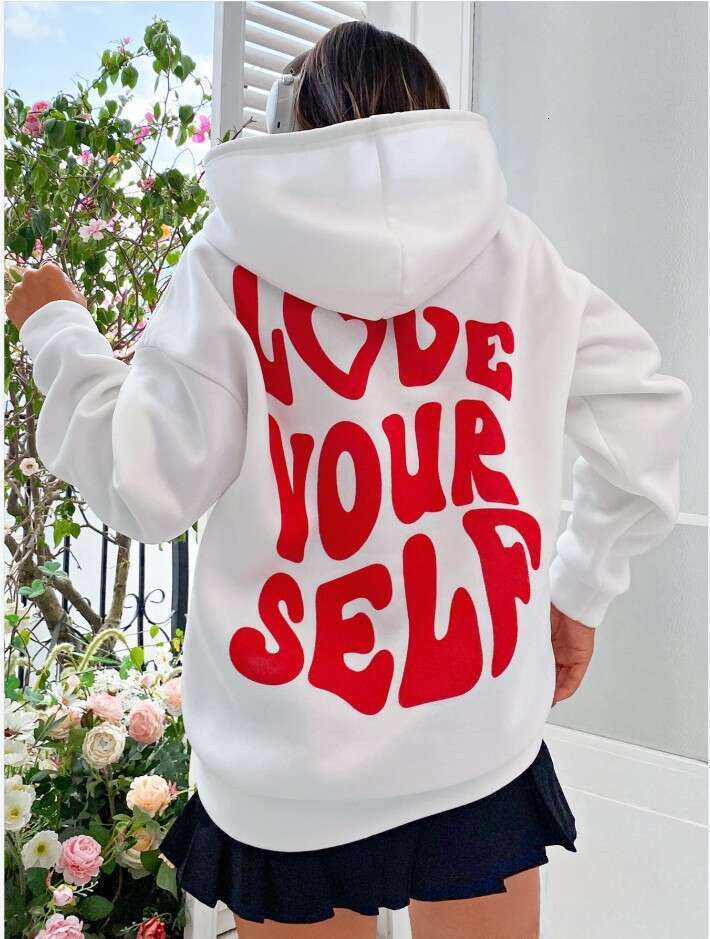 Women's fleece new back letter print hoodie with off shoulder sleeve thread