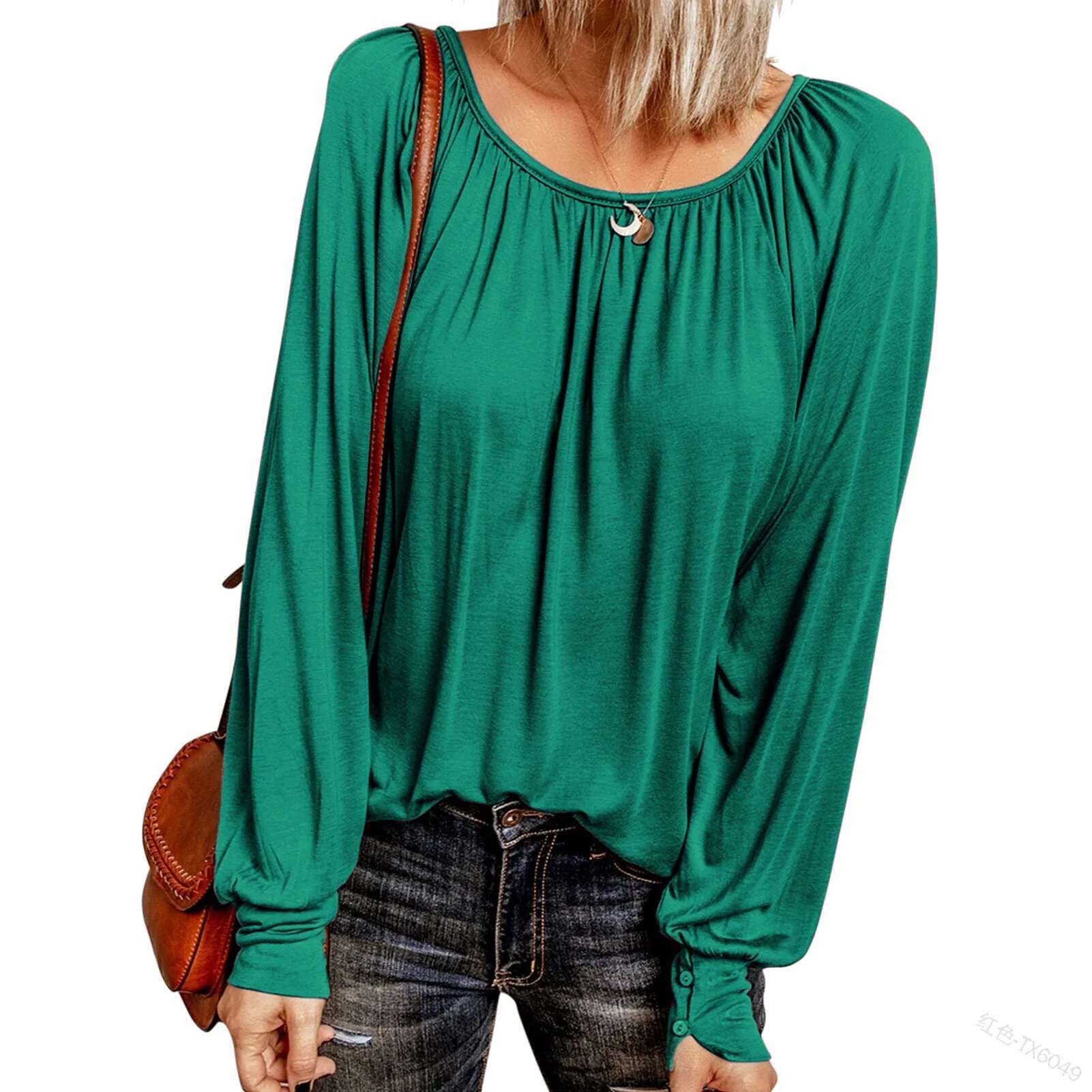 New Solid Color Round Neck Designer T-shirt Casual Pleated Long Sleeved Women's Top