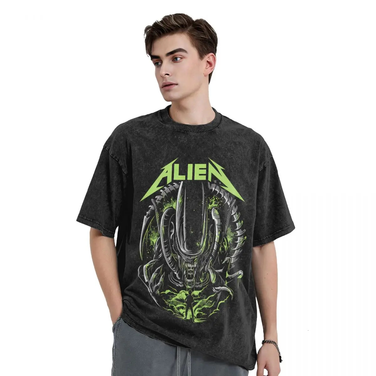 Xenomorph Essential Alien Mencosy woman Men Washed stamping Print T-ShirtHarajuku Cotton Tshirt Summer Short Sleeve Tees 250117