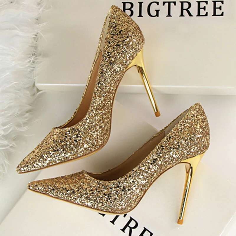 High Heel Pumps Women Shallow Mouth Pointed Glitter Sexy And Slimming Nightclub Design New Shoes Female