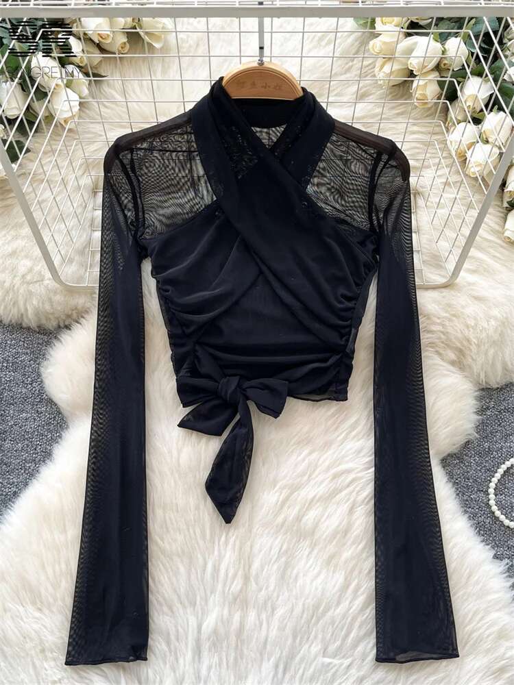 Sexy Bow Design Tops Long Sleeve Halter Shirt Streetwear 2025 Spring Newest Solid Mesh Criss-Cross Sheer Basics Blouse