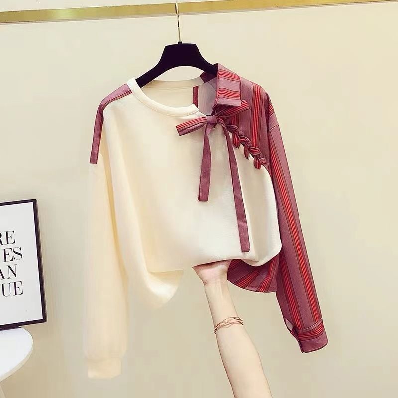 Women's Clothing Striped Splicing Sweatshirt Two-Piece Shirt Irregular Long Sleeve Casual