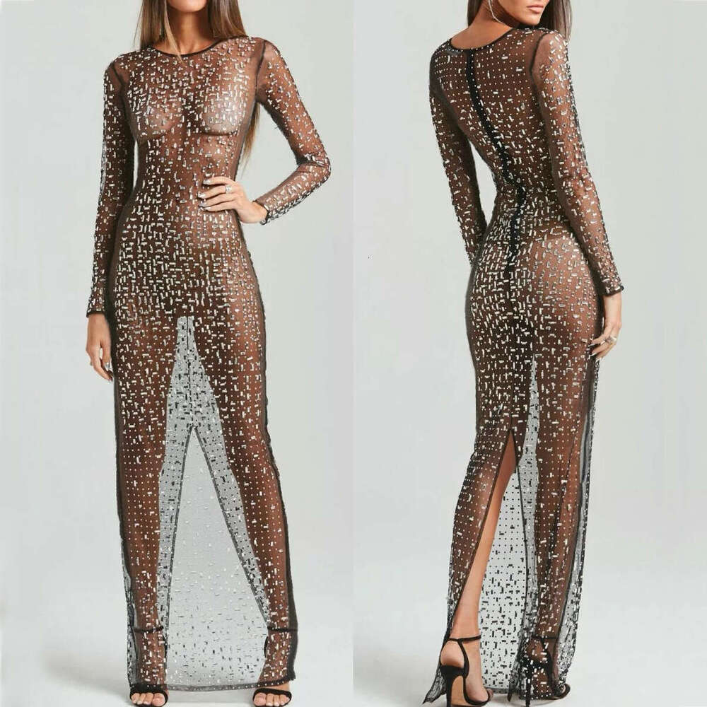 European and American Selg Fashionable Sexy Hot Dia Hoodie Mesh Long Sleeve Split Dress 2025 New Style Elegant Clothing