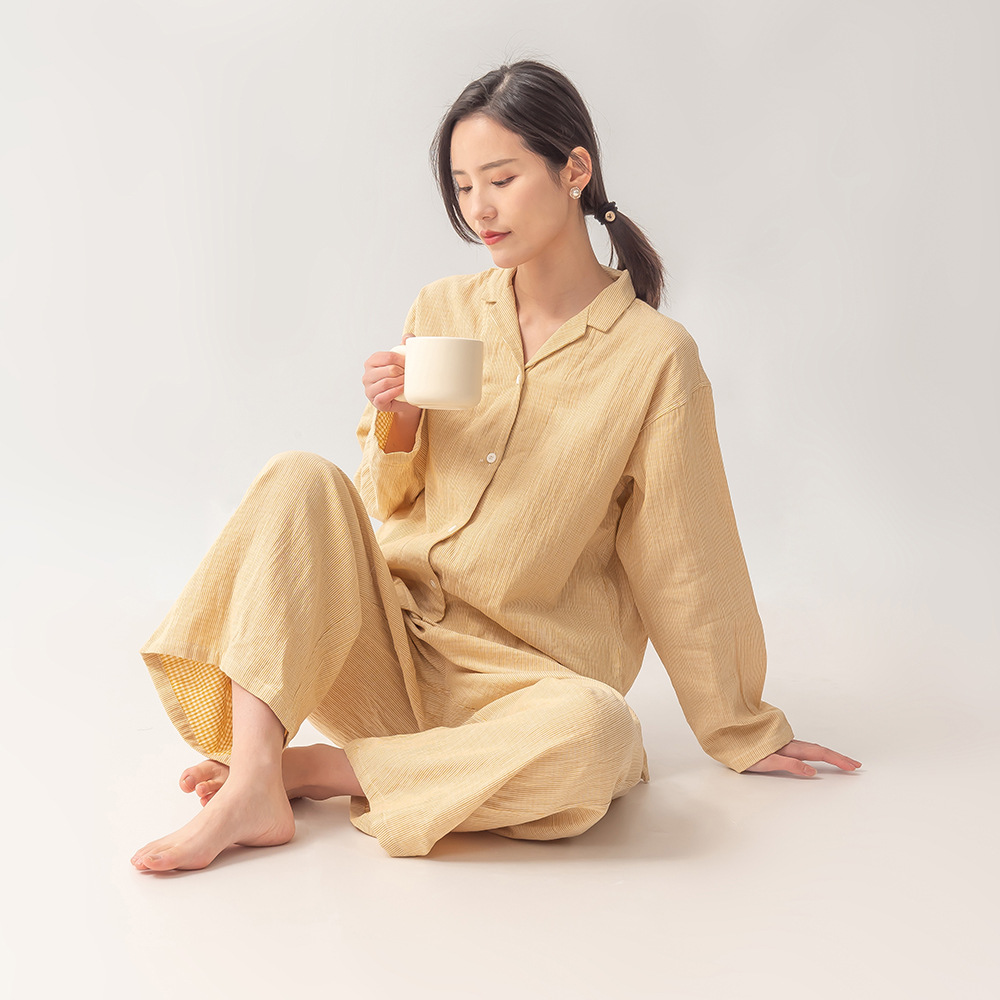 B667-Japanese style long pure cotton pajamas suit for women spring and autumn double-layer cotton yarn trousers thin long-sleeved home clothes loose s
