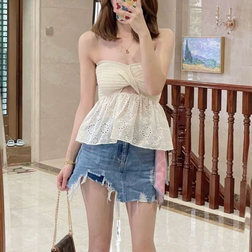 women's hot selg fashion casual knitting embroidery splicing vacation sexy strapless vest top 2025 new style chic elegant clothing