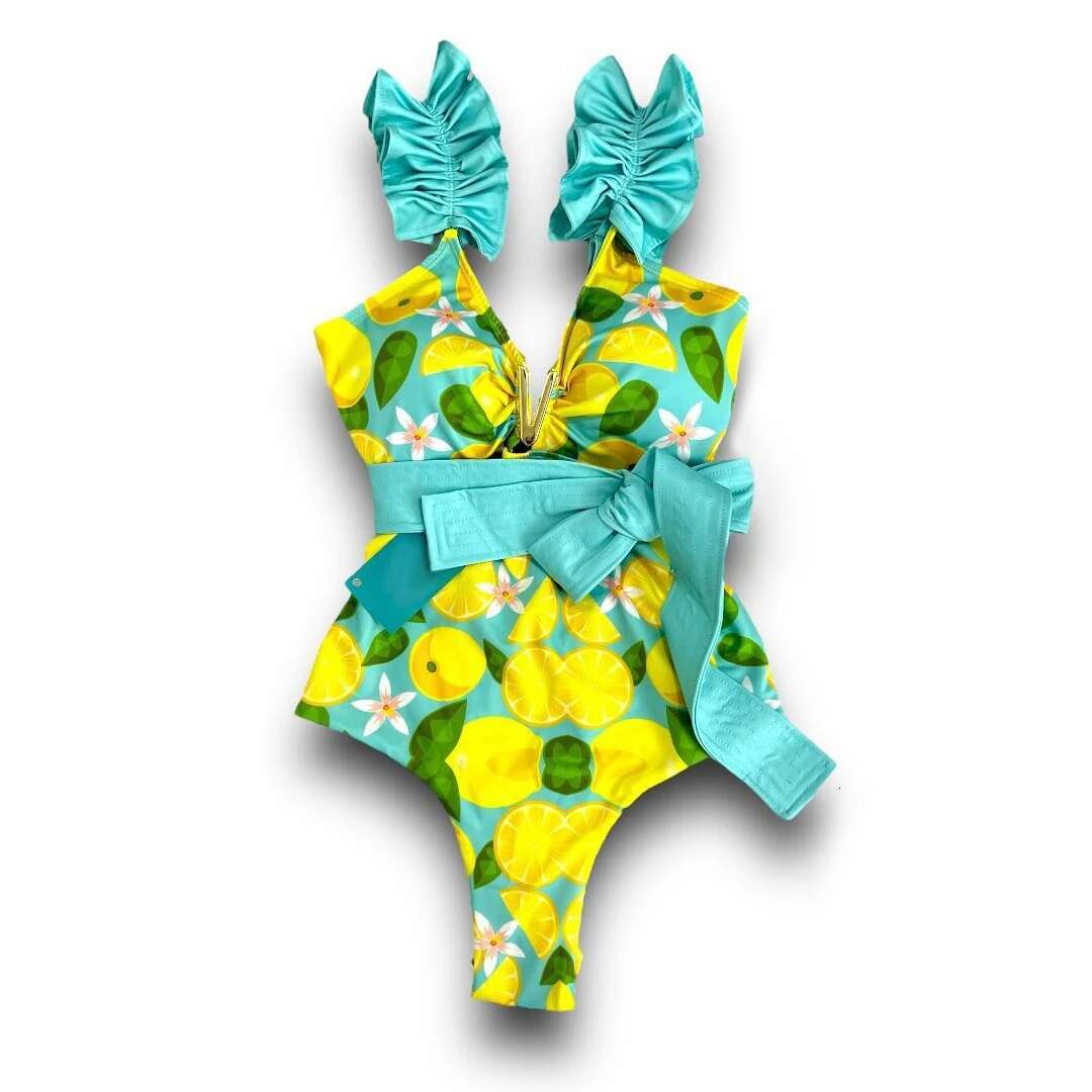 2025 New Sexy V-Neck One Piece Swimsuit Belt Swimwear Women Ruffle Monokini Push Up Swim Colorful Bathing Suit Female Beach