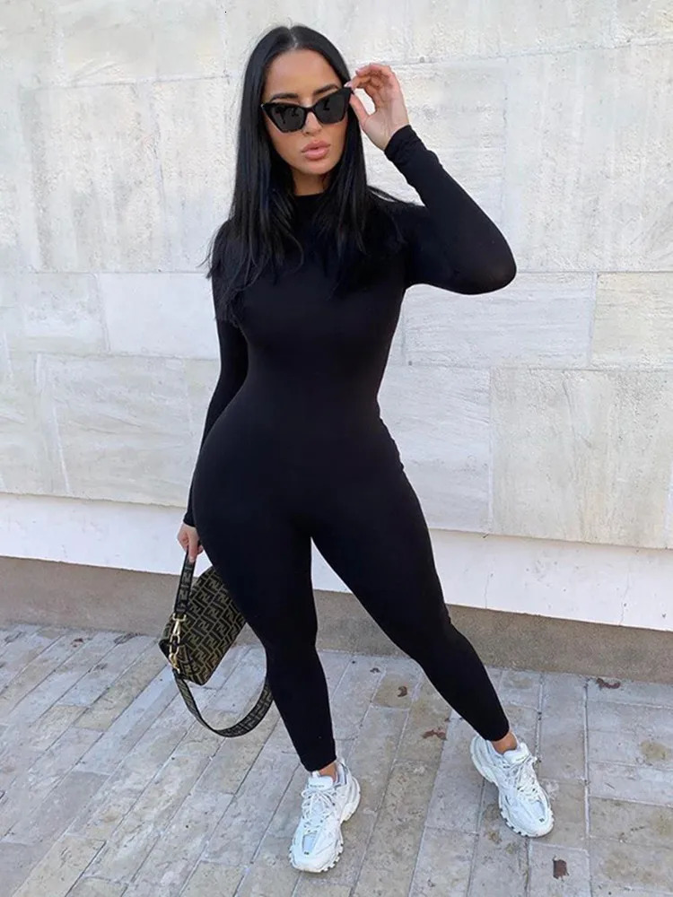 Kliou solid blackgray long sleeve skiing jumpsuit women elastic hight outfit fashion fitness sportwear slim rompers streetwear 250107