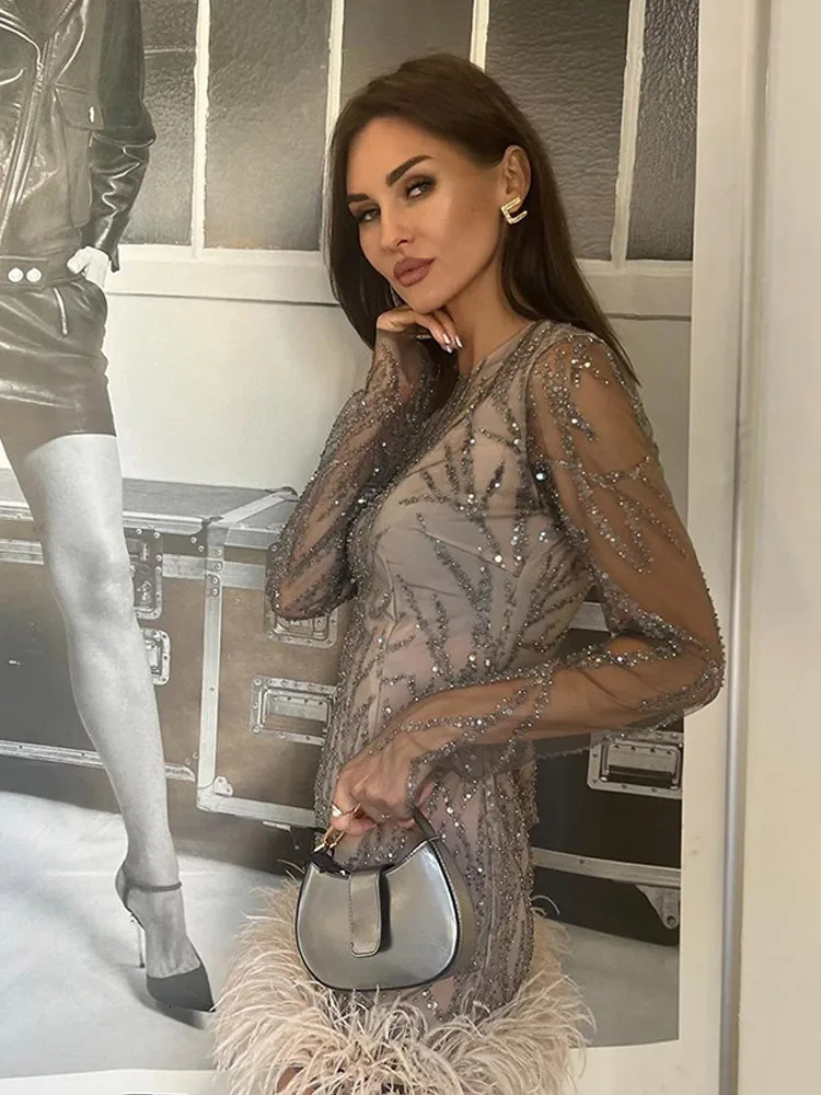Elegant Feather Hem Patchwork Sequins Dress For Women Long Sleeve See Through Mini Dresses 2025 Lady Sexy Party Club Robe 250109