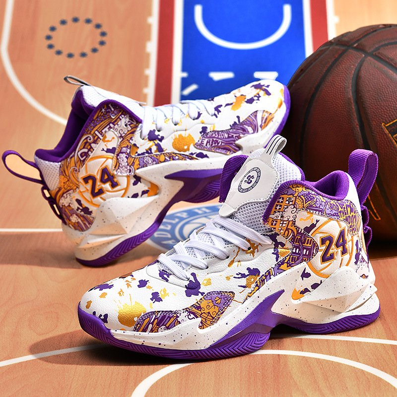 High top basketball shoes male adult leather winter concrete actual combat sports shoes purple white black