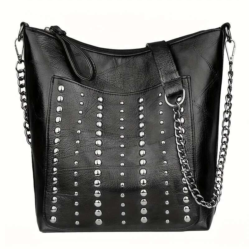 Vintage Studded Versatile Rivet PU Leather Shoulder Large Capacity Zipper Punk Style Trendy Crossbody Bag