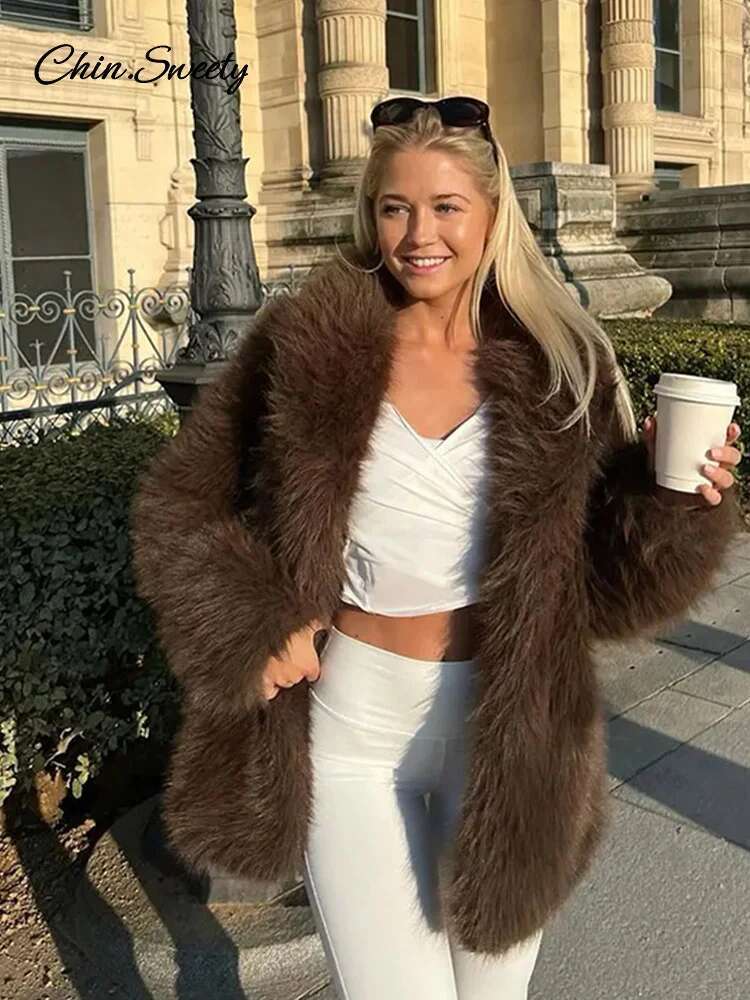 Brown Faux Fur Coats Women Fashion Full Sleeve Lapel Long Warm Jacket 2024 Winter Fluffy Thick High Street Outerwear New