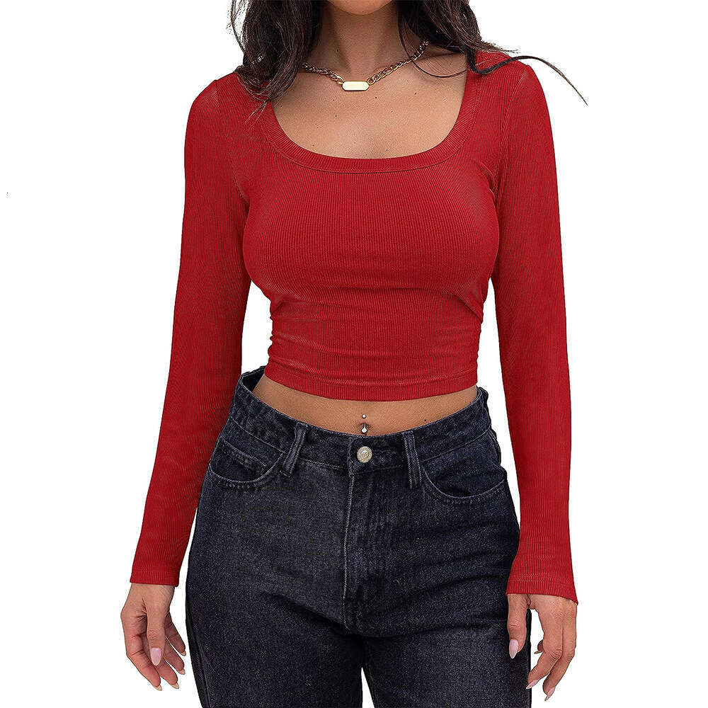 2025 popular European and American thread groove strip slim fit short style long sleeved square neck T-shirt with feminine temperament versatile new t