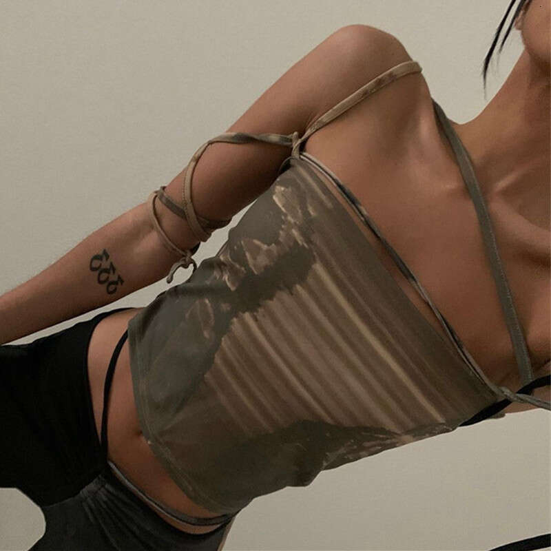 Bujia polyester 2025hot sel European American summer women's with tied straps, printed slim fit, exposed navel bottom vest, new style, chic and e