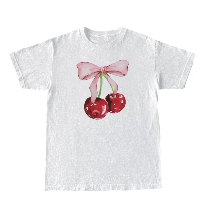 Cherry Bow Printed Womens Vintage T-Shirt Trendy Cute Coquette Tee Shirt Short Sleeve Cottagecore Aesthetic Tops Female Clothes 250109