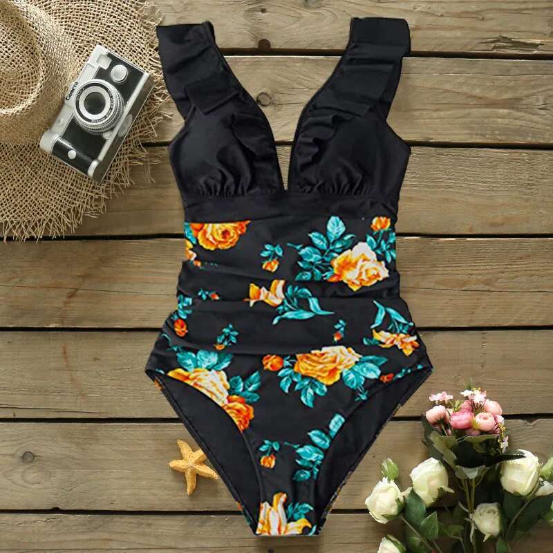 SPORLIKE Heart Attack Falbala One-Piece Swimsuit Women Ruffle V-Neck Monokini 2024 New Girls Beach Bathing Suit Swimwear S-2Xl