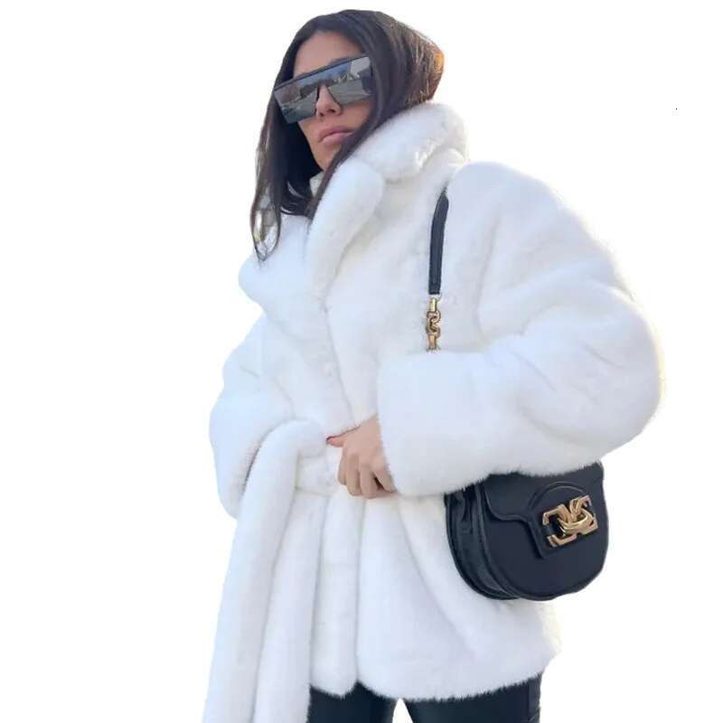 2024 Imitation Rabbit Lapel Neck Fur Jacket Thickened Thermal Belt Coat Women's Solid Color New