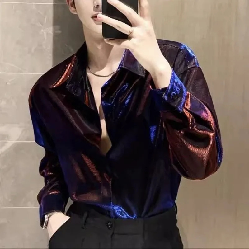 Mens Square Collar Open Collar Button Solid Color Shirt Spring and Autumn Style Exquisite Glitter Long Sleeve Loose Fashion Casual Top 250110