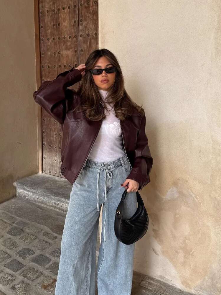 Fashion Solid Pu Leather Women's Warm Jacket Elegant Long Sleeves Zipper Crop Coats 2024 Autumn Female Commuting Street Tops