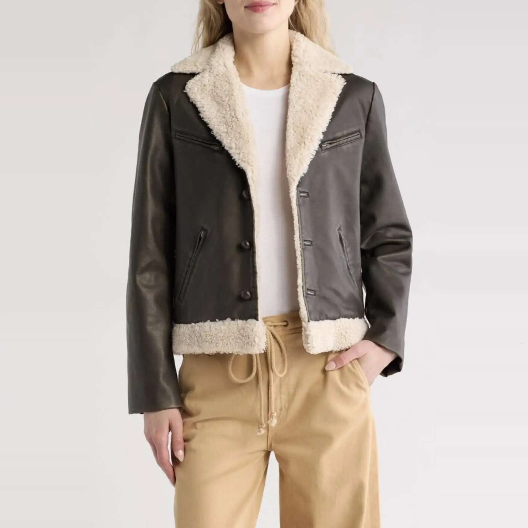 NIGO LP Women's Winter Lamb Fur Collar Vintage Aged Leather Long Sleeve Fitted Jacket #Nigo61437