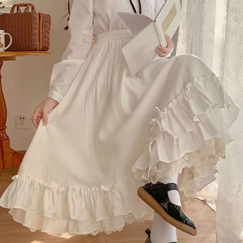 Japanese ruffles pleated skirt woman sweet high waist loose Anklelength skirts women college style black patchwork Aline 250108