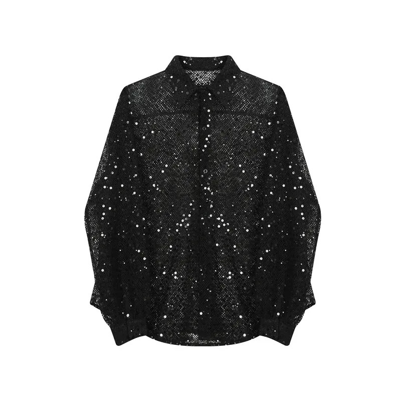 Autumn Korean style personalized hollow sequin mens loose fitting mens clothing shirt size M-XL 250110
