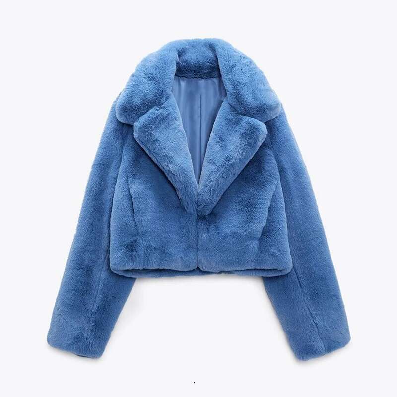Ins Chic Street Fashion Girls Blue Cropped Plush Coat Women Winter 2024 New Trend Faux Rabbit Fur Jacket Coats Short Outwear
