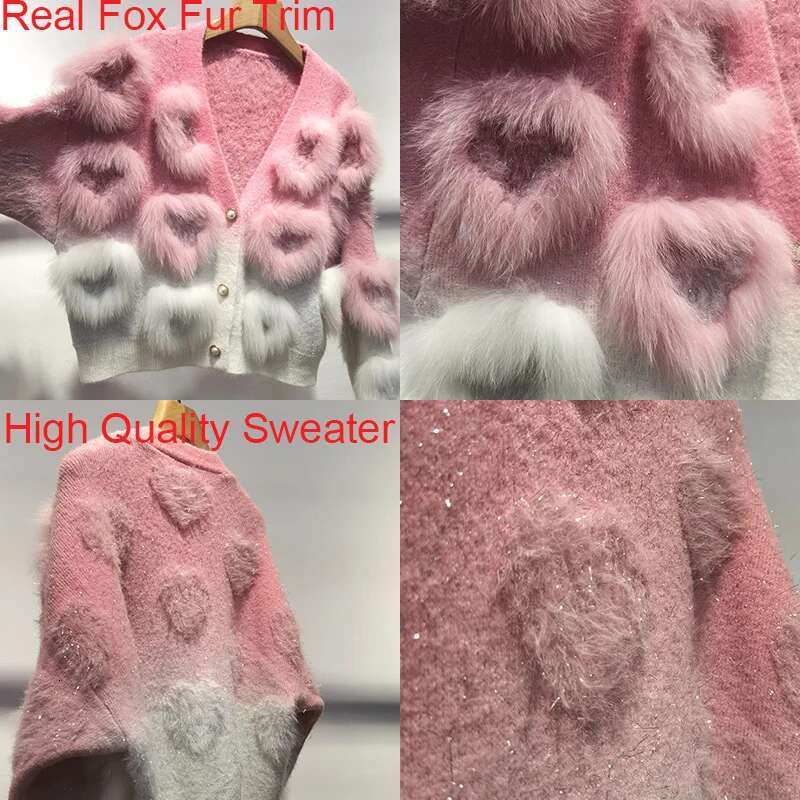Women Lovely V-Neck Knitted Cardigan With Real Fox Fur Trim Loose Love Sewed Female Long Sleeve Warm Hit Color Sweater
