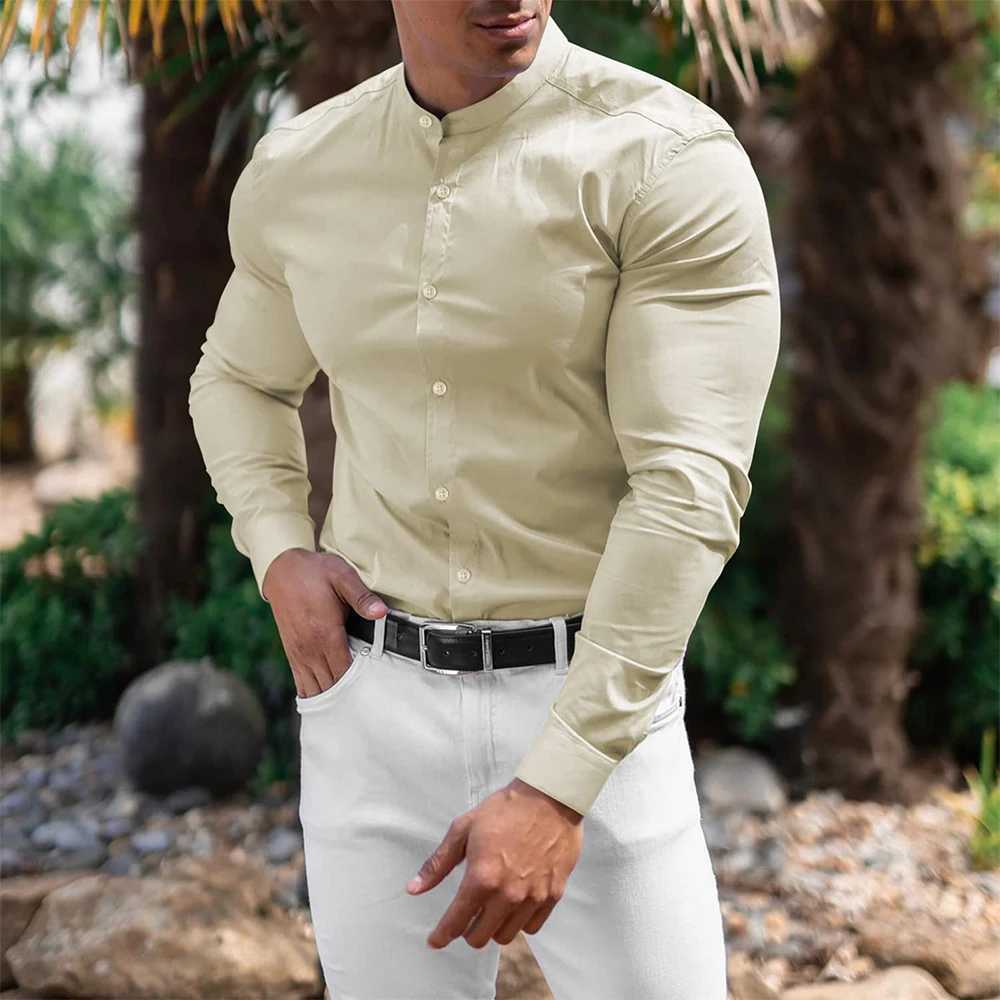 New Men Fashion Social Business Dress Shirt Solid Slim Fit Stretch Long Sleeve Casual Button Down Blouse Men Fitness Sports Top W250118