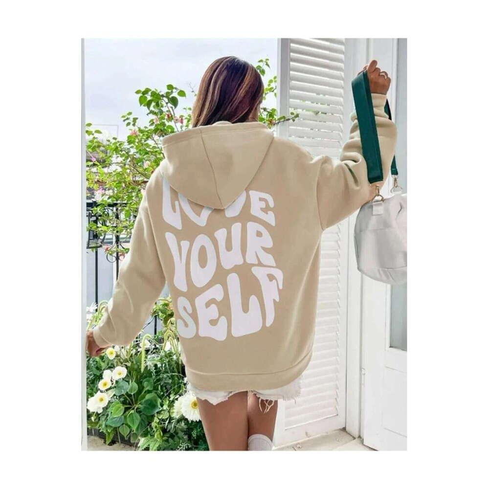 Women's fleece new back letter print hoodie with off shoulder sleeve thread