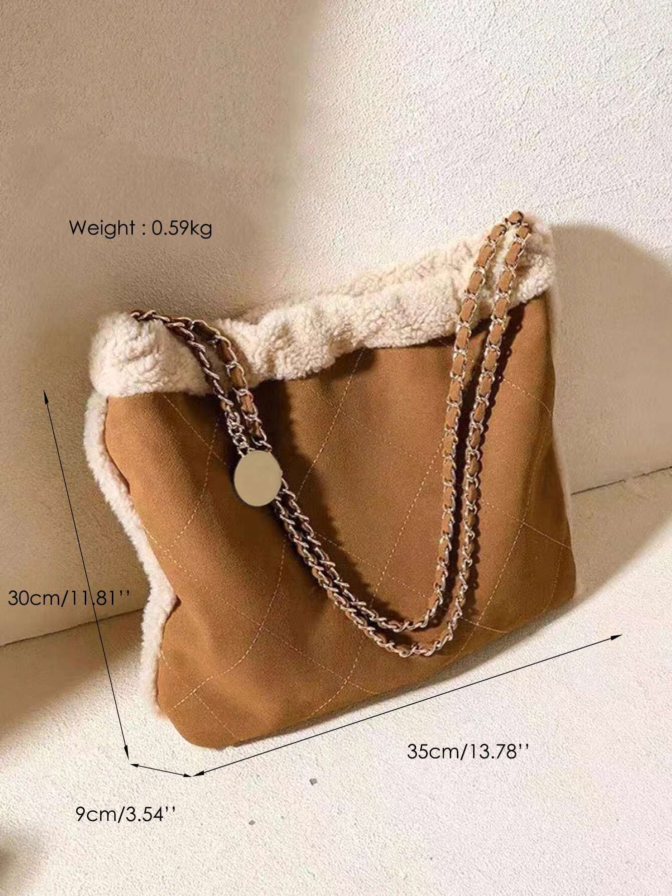 Winter Women's Fashion Large Casual Shoulder Bag Faux Plush Quilted Argyle Thread Chain Strap Handbag Commuting Travel