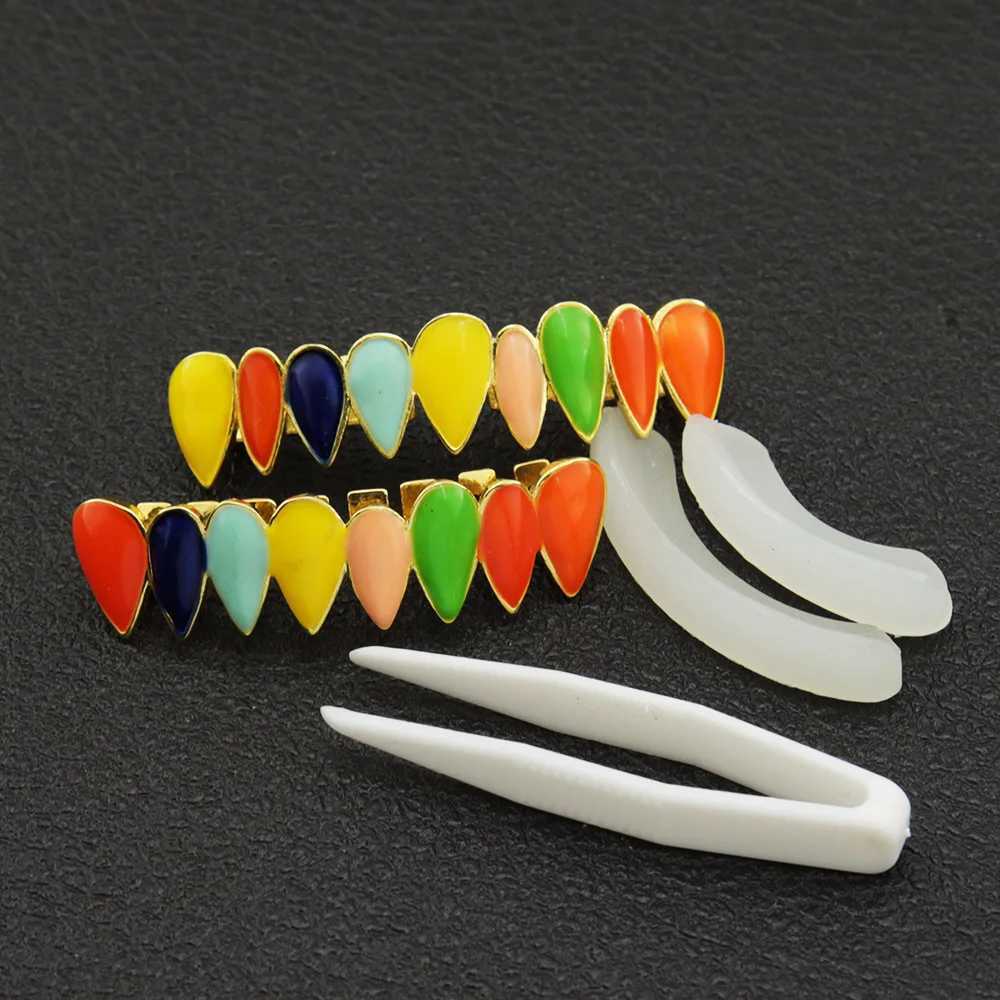 Hip Hop Multi Color Drip Oil CZ Pointy Shape Teeth Grillz Caps Top Bottom Charm Grills For Men Women Jewelry GiftXJ250114