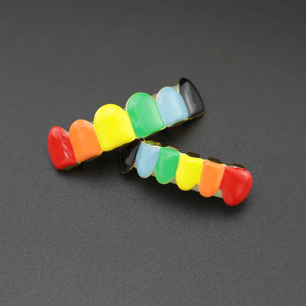 Multi Color Drip Oil CZ Teeth Grillz Caps Cubic Zircon Iced Out MicroTop Bottom Charm Grills For Men Women Hip Hop Jewelry XmasXJ250114