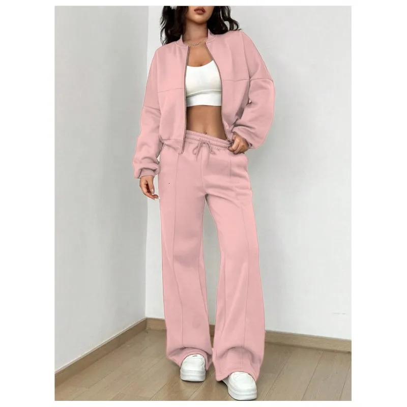 Grey Bomber Jacket Pant Women 2 Pieces Set Casual Long Sleeve Zipper Coat Casual Solid Sweatshirt Trousers Suit Fall Sportwear 250113
