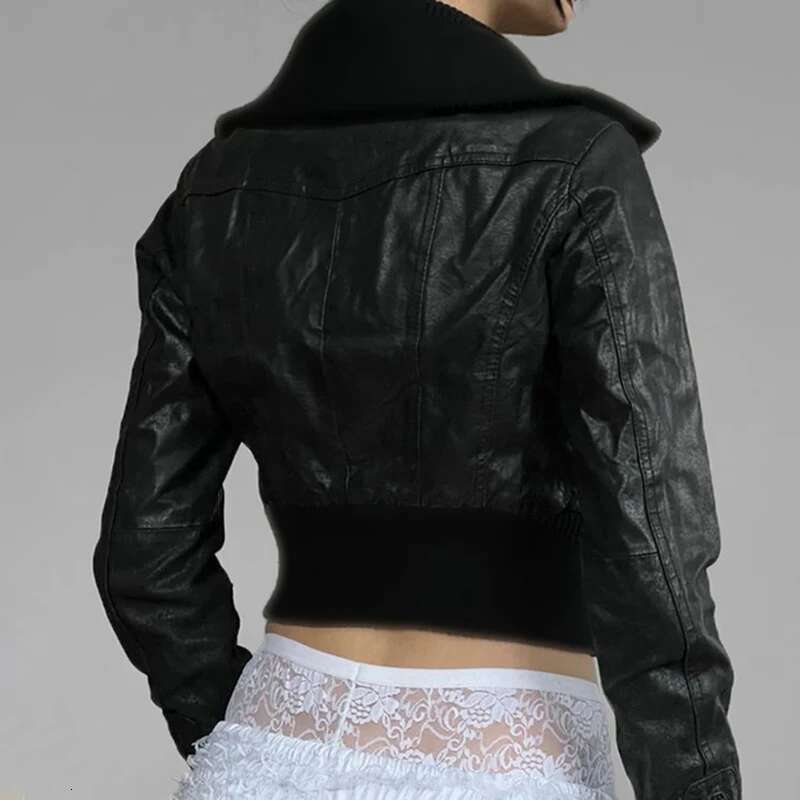 CIBBAR Punk Style Black Leather Jacket Full Zip-Up Turtleneck Long Sleeve Cropped Jackets Women Streetwear Patchwork PU Coat Y2k