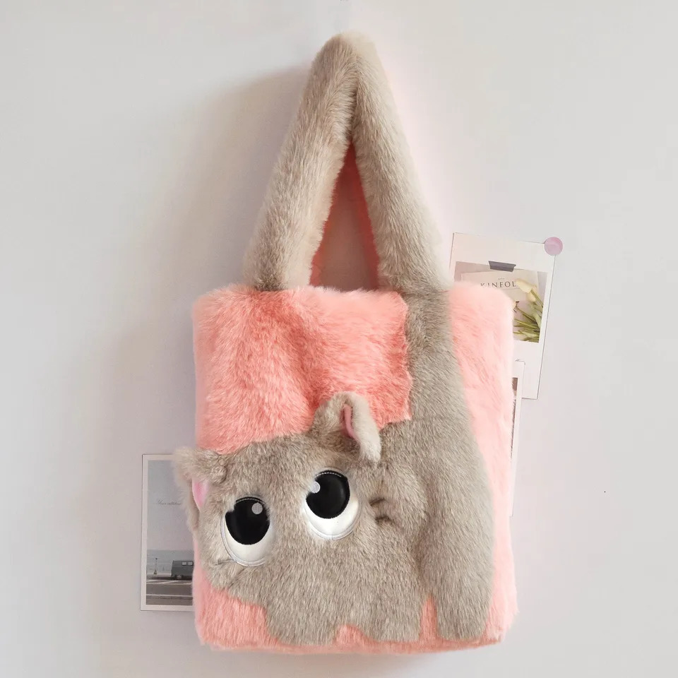 Winter Plush Bag For Women Large Capacity Creative Cat Cartoon Contrasting Color Stitching Embroidered Tote Bag Handbag 250113
