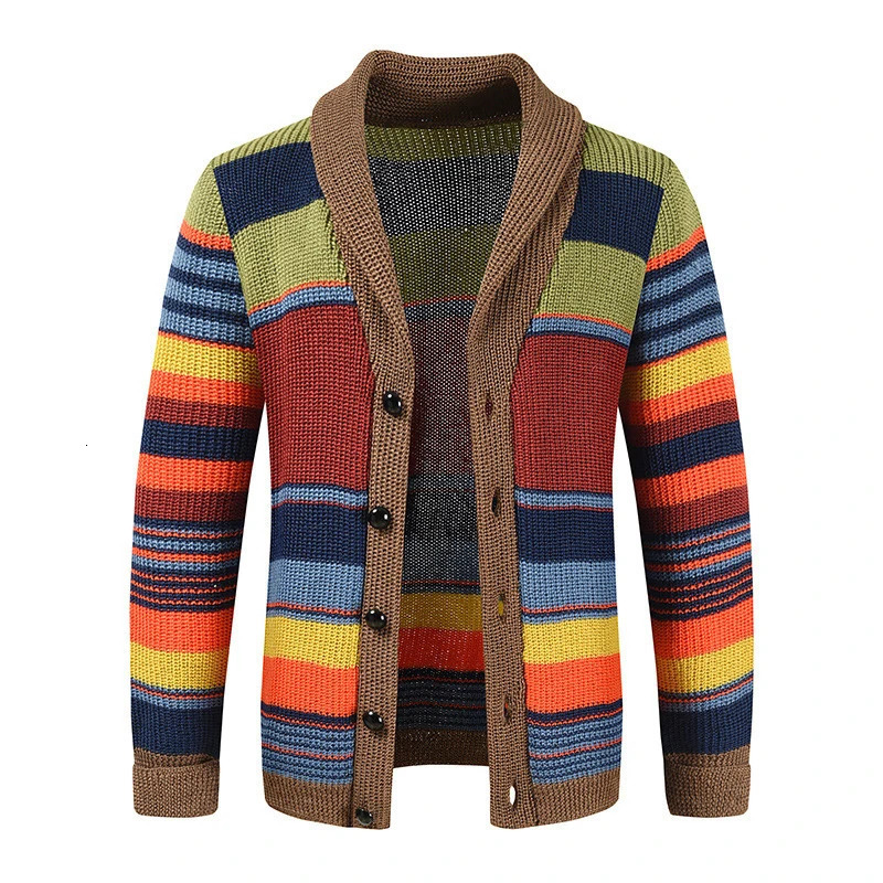 Trendy Mens Knitted Cardigans 2025 Spring Casual Button-up Lapel Sweatercoats Men Vintage Rainbow Striped Sweater Jacket Coats 250113