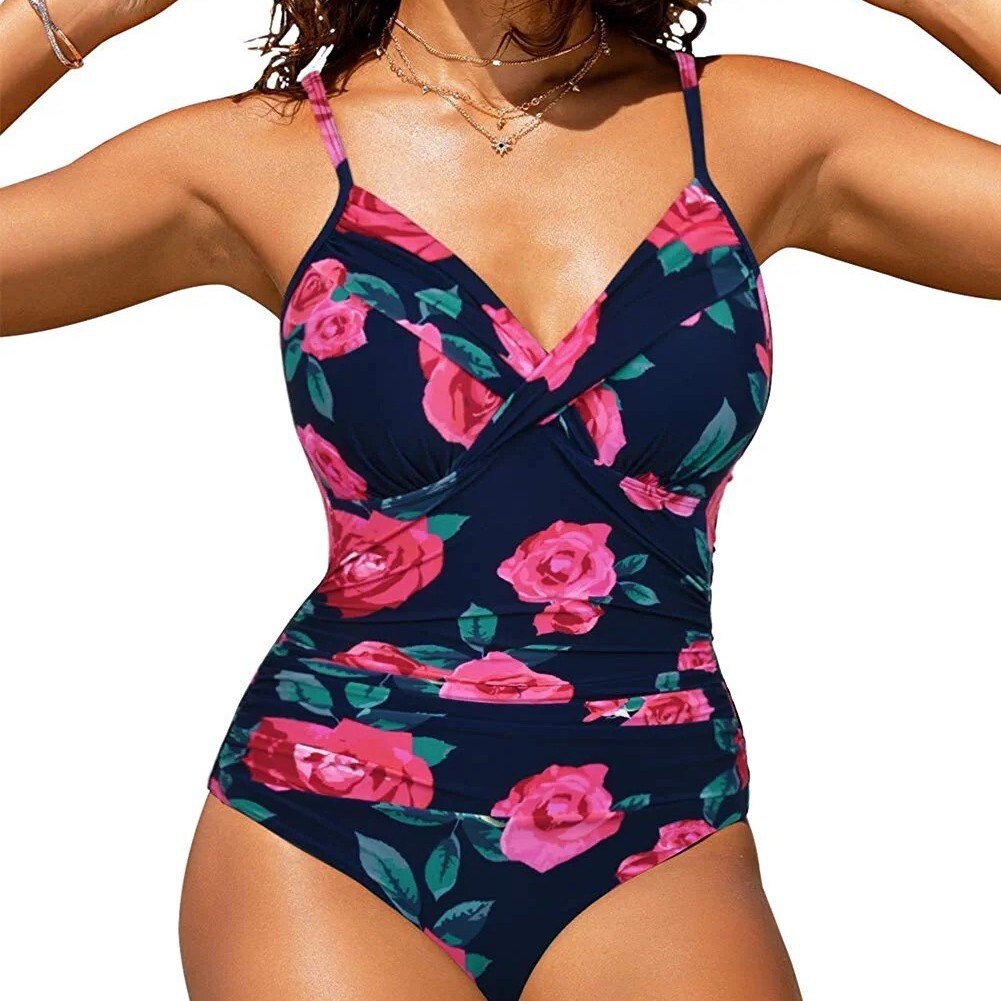 sexy solid color cross pleated tight fitting one piece bikini swimsuit